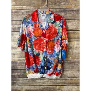 Aimee of California Top Blouse‎ 20W Button Front Watercolor Floral 80s 90s
